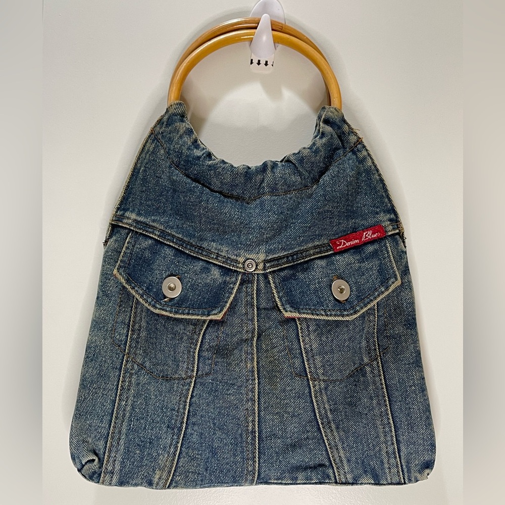 Denim Blues Blue Jean Satchel with Round Bamboo Handles 11x12